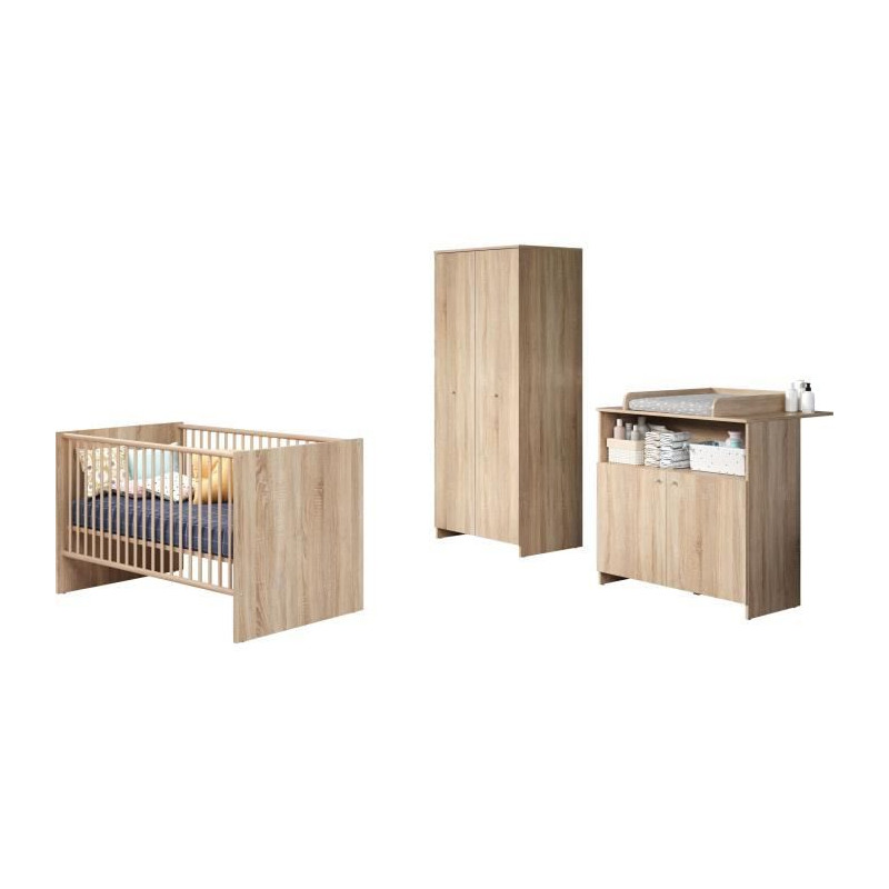 Chambre bébé trio NIKO - Lit 70x140 cm + Commode a langer 2 portes + Armoire 2 portes - Décor chene naturel - TRENDTEAM