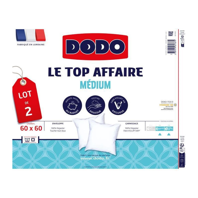 Lot de 2 Oreillers Le Top Affaire - 60 x 60 cm - 100% Polyester VOLUPT'AIR - DODO