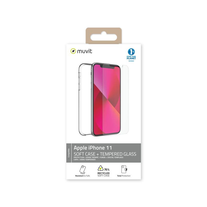 Pack protection Muvit For Change Recycletek pour Apple iPhone 11 Transparent + Verre trempé