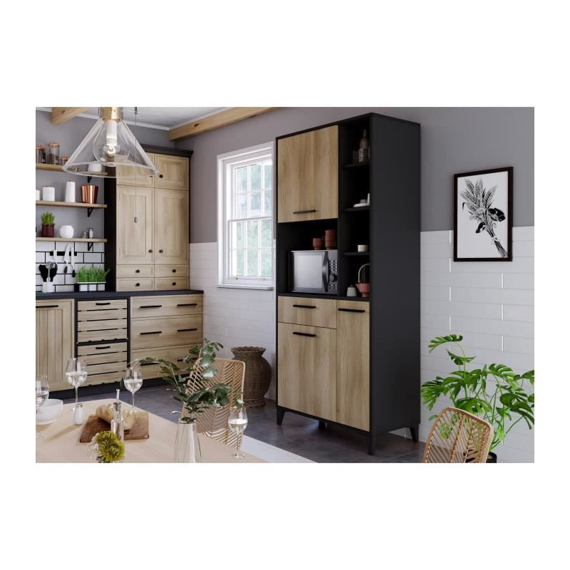 Buffet haut de cuisine ECO - 3 portes et 1 tiroir - Mélamine chene et noir - L 80 x P 40 x H 178 cm
