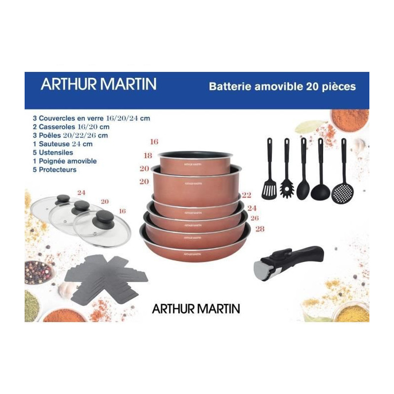 Batterie de cuisine 20 pieces Arthur Martin - aluminium - poignée amovible - tous feux dont induction