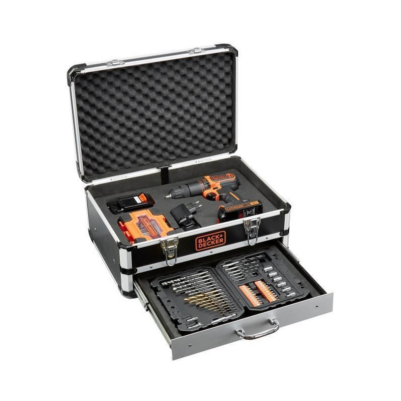 BLACK + DECKER - Perceuse a percussion - Batterie Li Ion 2x18 V + 80 accessoires en coffret - Noir et orange