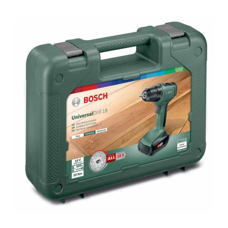 Perceuse Visseuse sans fil Bosch - UniversalDrill 18 Livree avec 1 batterie 1V-1,5Ah et Coffret de Rangement