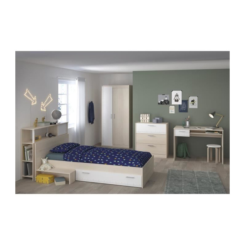 CHARLEMAGNE Chambre enfant complete - Tete de lit + lit + commode + armoire + bureau - contemporain - Decor acacia clair et blan