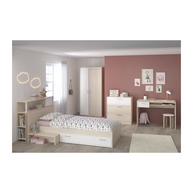 CHARLEMAGNE Chambre enfant complete - Tete de lit + lit + commode + armoire + bureau - contemporain - Decor acacia clair et blan