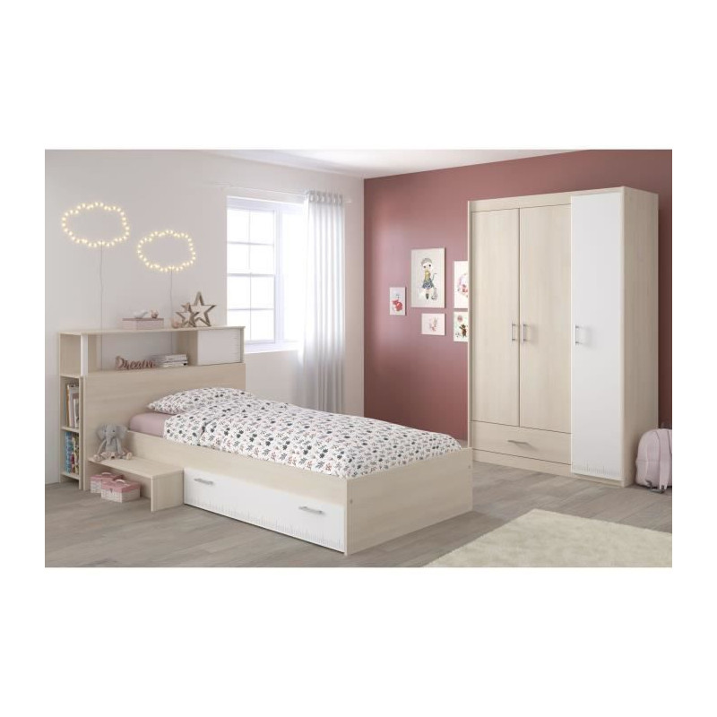 CHARLEMAGNE Chambre enfant complete - Tete de lit + lit + armoire - Style contemporain - Decor acacia clair et blanc