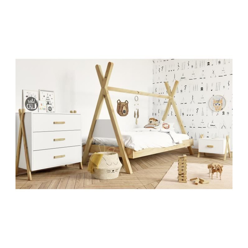 AMAROK Chambre complete enfant - lit + chevet + commode - Pin massif et MDF - Blanc/naturel - Style scandinave