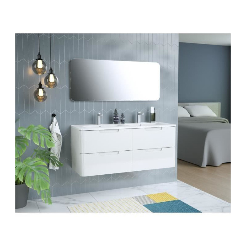 Meuble salle de bain L 120 - 2 tiroirs + vasque - Blanc - RONDO