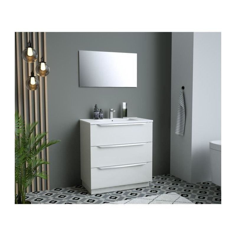 Ensemble Meuble salle de bain sur socle L 80 - Vasque + 3 tiroirs + miroir - Blanc - ZOOM