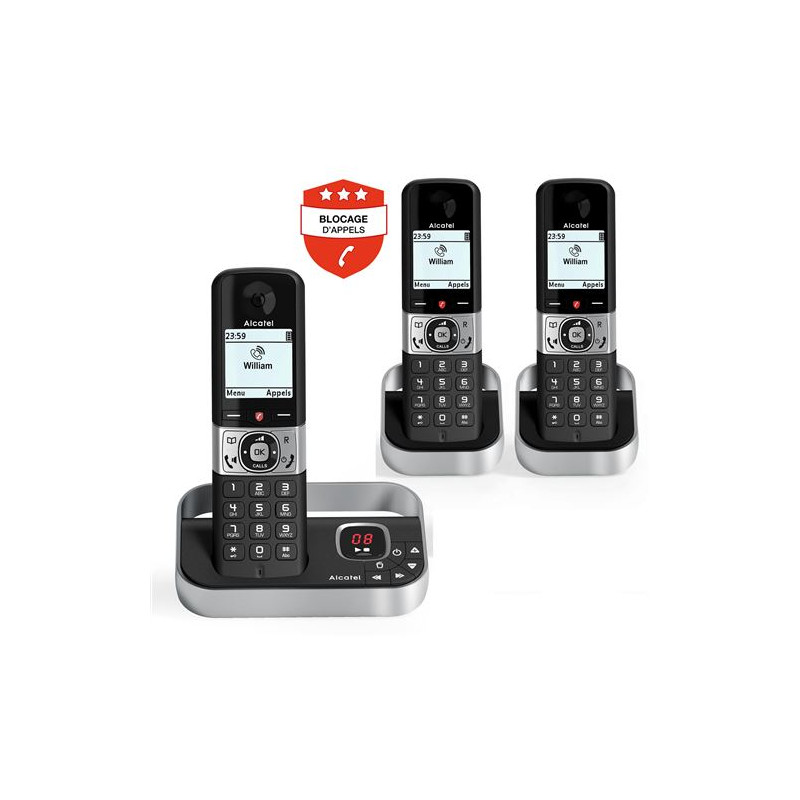 Pack téléphone sans fil Alcatel F890 Voice Trio avec répondeur et fonction Blocage d appels Noir et Argent