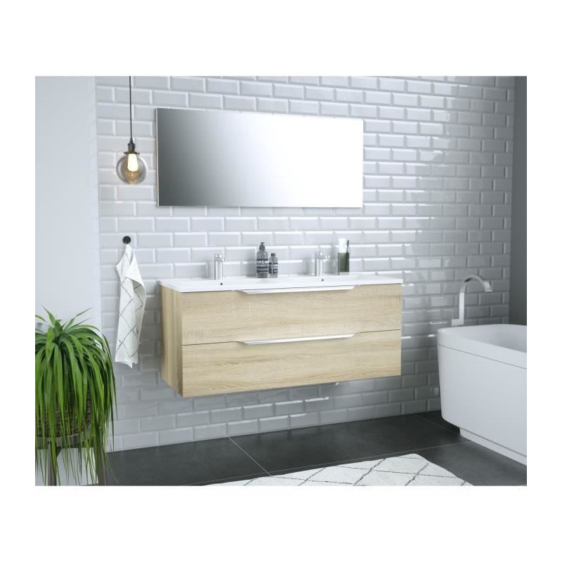 Ensemble Meuble salle de bain L 120 - Vasque + 2 tiroirs + miroir - Decor bois - ZOOM