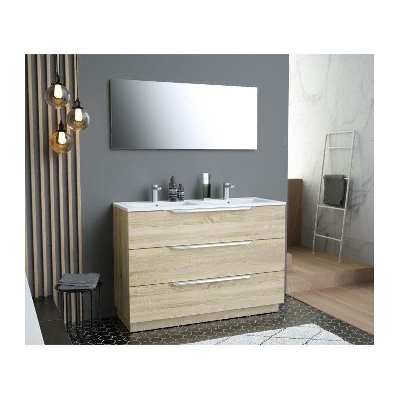 Ensemble Meuble salle de bain L 120 - Vasque + 3 tiroirs + miroir - Decor bois - ZOOM