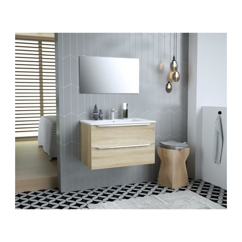 Ensemble meuble de de salle de bain L 80 - 2 tiroirs + Vasque ceramique + miroir - ZOOM