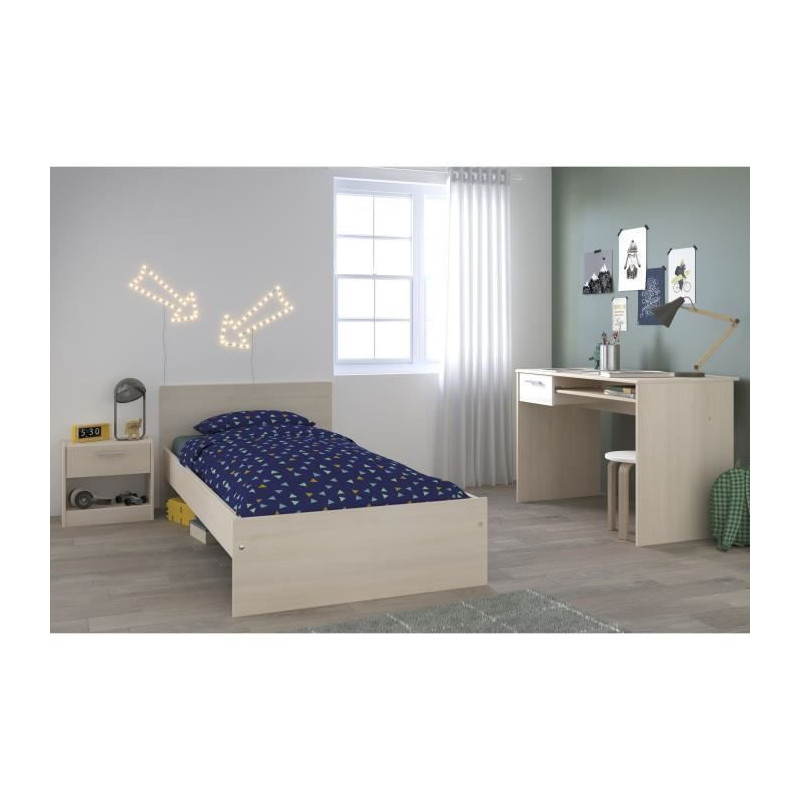 CHARLEMAGNE Chambre enfant complete - Lit + chevet + bureau - Style contemporain - Decor acacia clair et blanc