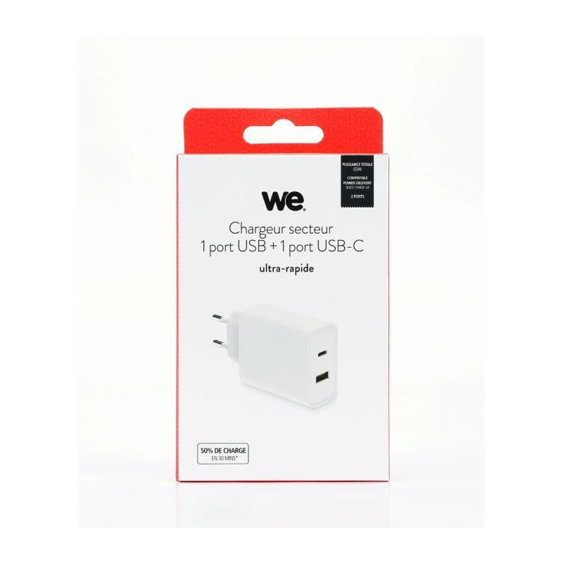 Chargeur secteur WE 1 Port USB + 1 Port USB C, Total 65W, Power Delivery, coloris blanc. Blanc
