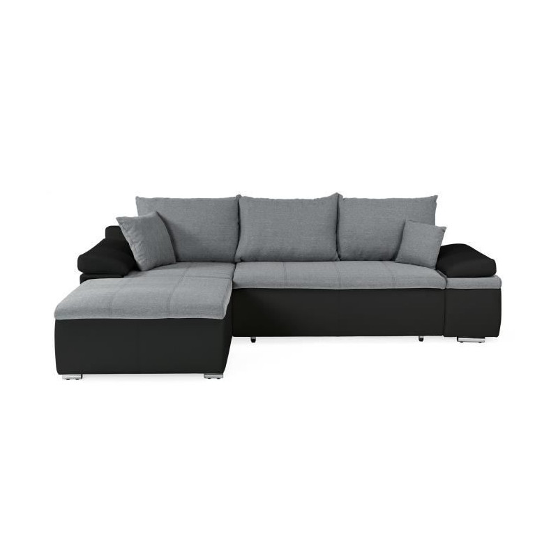 Canapé d'angle réversible convertible 3 places+Coffre - Simili noir et tissu gris - L 274 x P 184 cm - CELINA - Fabriqué en U