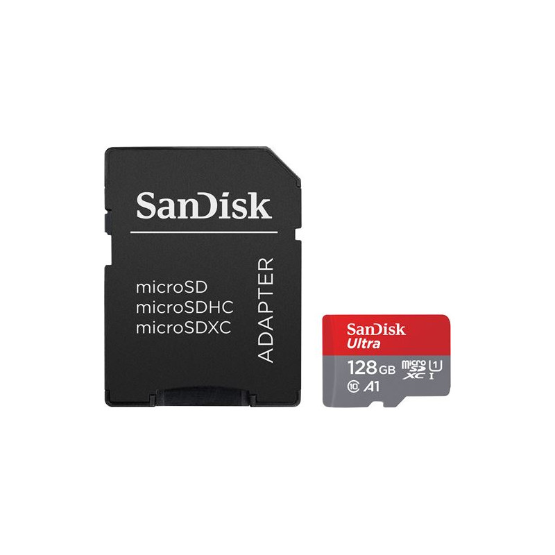 Carte mémoire micro SD SanDisk Ultra Plus micro SDXC 128 Go Gris et Rouge + Adaptateur SD 150 MB s A1 Class 10 UHS I