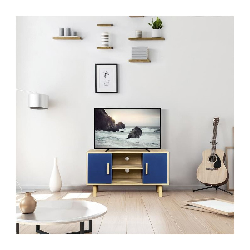 Meuble TV LILA - 2 portes - Décor mélaminé Bleu - Pieds en bois massif - L90 x P35 x H55 cm