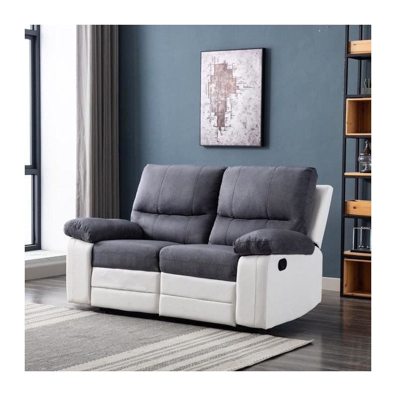 Canape relax manuel 2 places - Tissu gris et Simili blanc - L 167  x P 94/158 x H 83/99 cm - DUSTIN