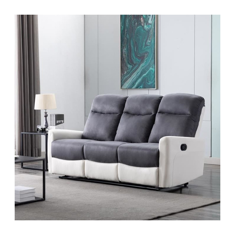 JESS Canape 3 places en micro fibre avec 2 assises de relaxation manuels - Blanc et gris