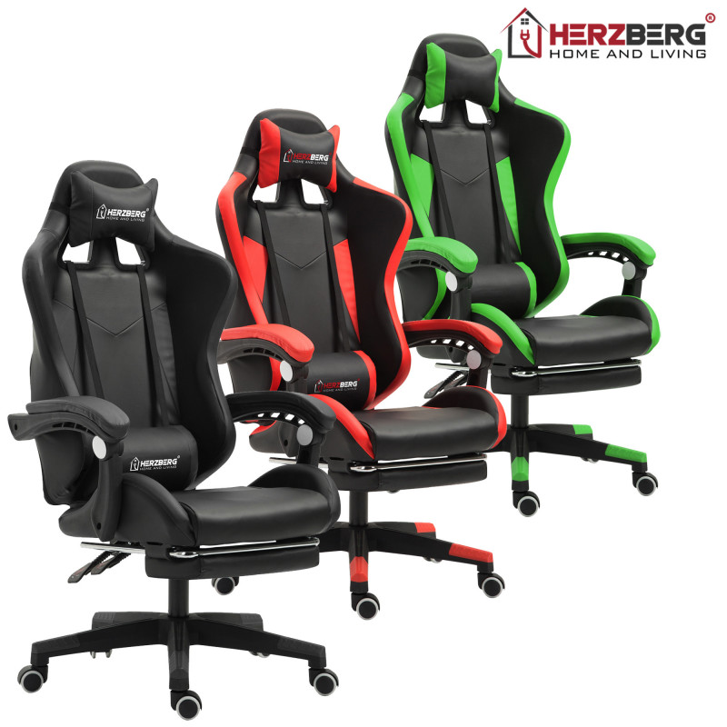 Herzberg HG-8080: Chaise de jeu ergonomique de style course Noire