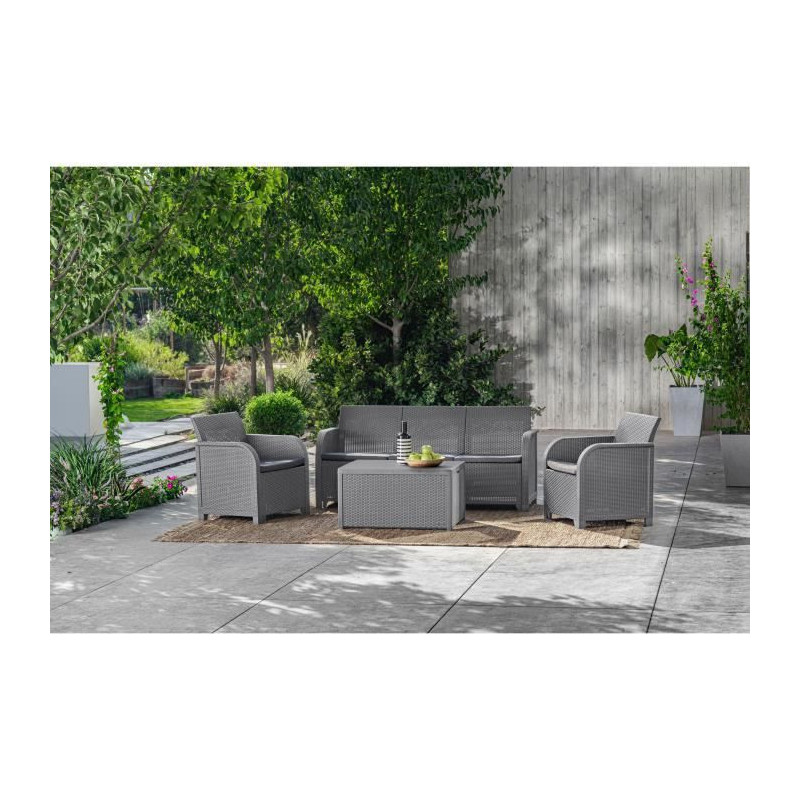 ALLIBERT by KETER - Salon de jardin SanRemo Storage 5 places - table basse coffre range-coussins - imitation rotin tresse - gris
