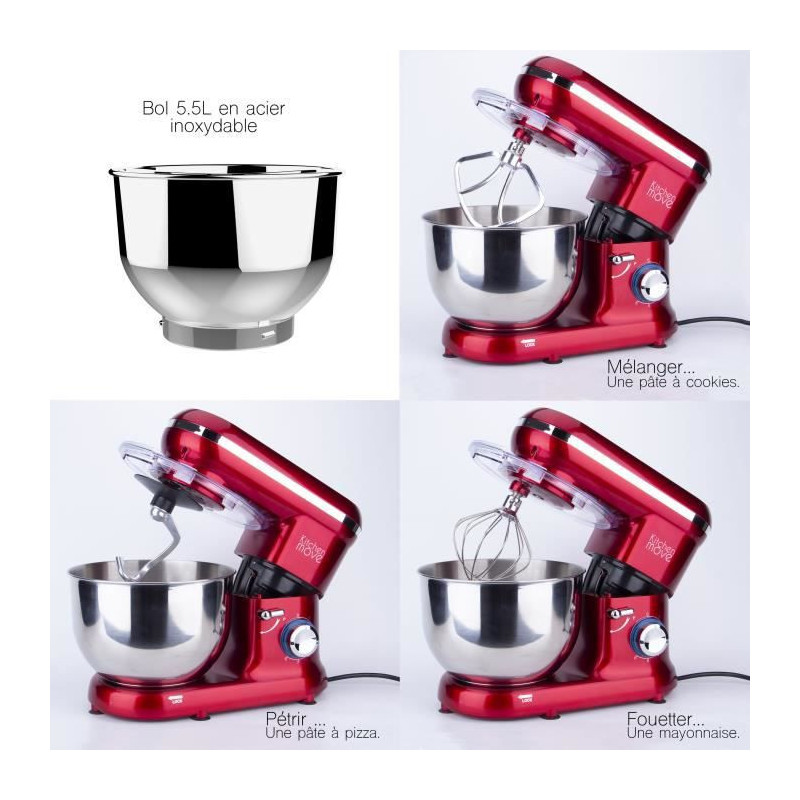 Kitchen Move - Robot patissier multifonction BAT-1519 - 1500W - Bol 5.5L - DALLAS - Rouge acier