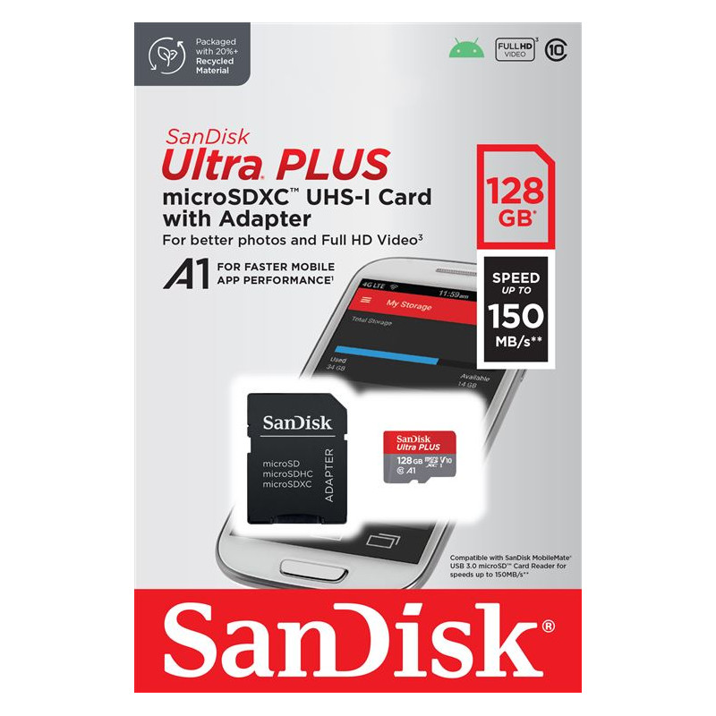 Carte mémoire SD SanDisk Ultra Plus 128GB SDXC 150MB s Rouge et Gris