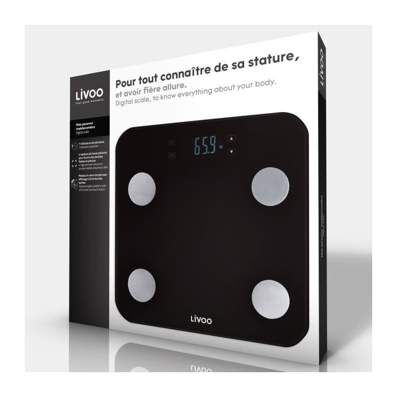 LIVOO DOM427N Pese-personne impedancemetre - 13 memoires utilisateurs - 180 kg - Plateau en verre trempe affichage LCD - Noir