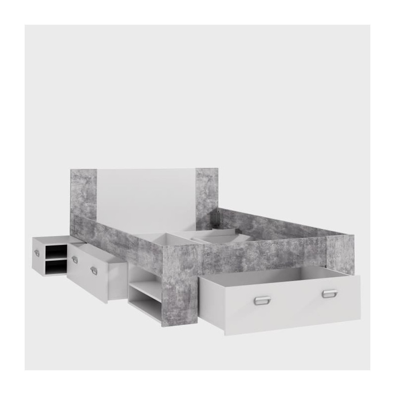 Lit adulte 140x200 cm 3 tiroirs + chevet - Blanc et decor beton - UDINE