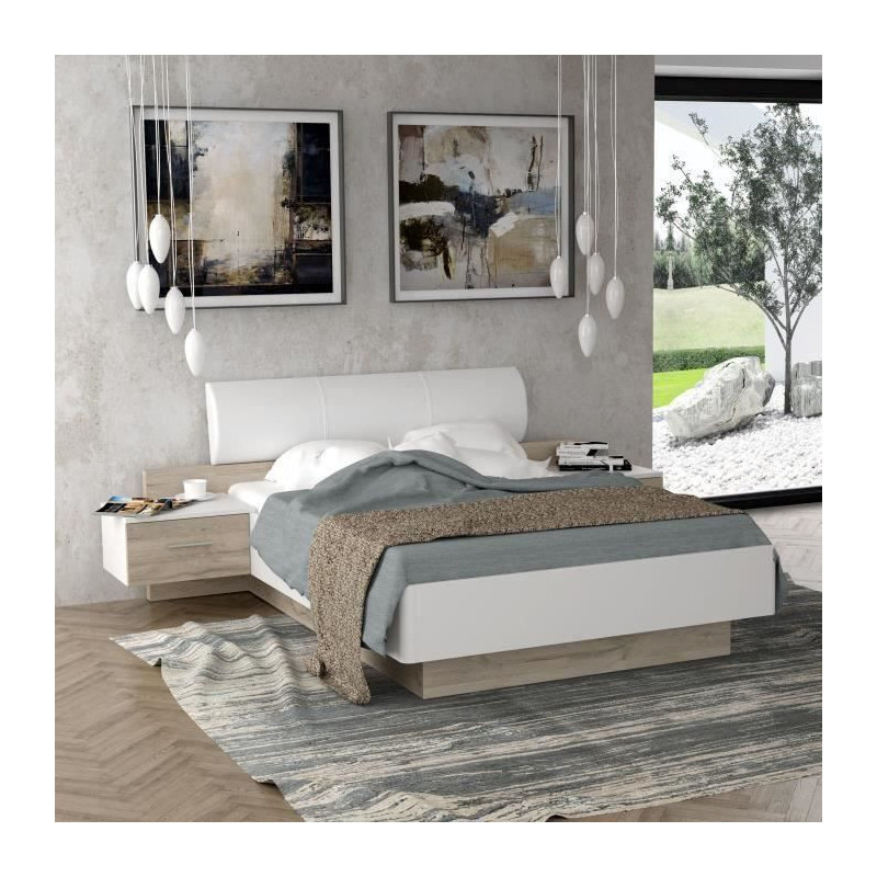 MOROLLA Lit 140x190 cm avec 2 chevets + tete de lit en simili - Blanc
