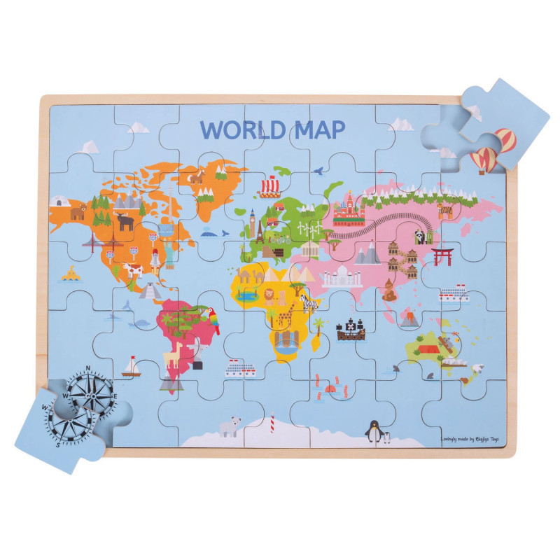 BIGJIGS Wooden World Map Puzzle, 35dlg.