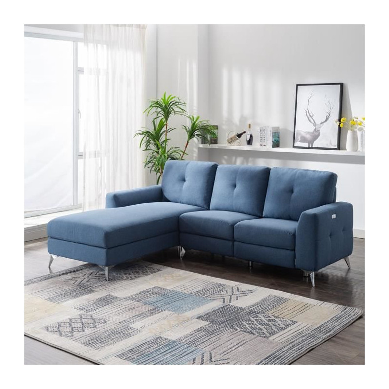 Canape dangle gauche avec 1 place relax electrique + coffre - Tissu Bleu - L 260 x P 51 x H 90 cm - FRANKLIN