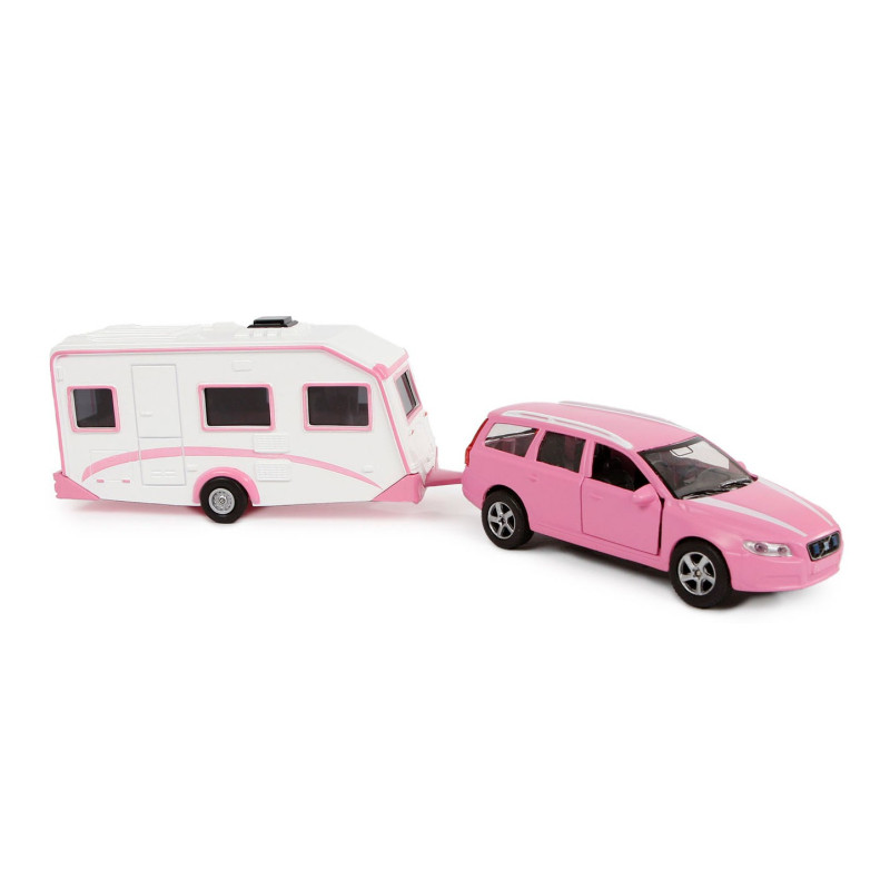 Kids Globe Die-cast Volvo V70 with Caravan - Pink, 30cm