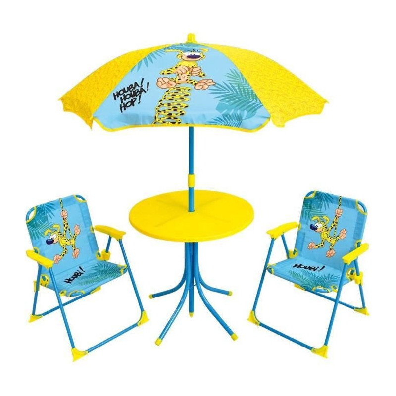 MARSUPILAMI Salon de jardin pour enfants comprenant 1 table, 2 chaises pliantes et 1 parasol