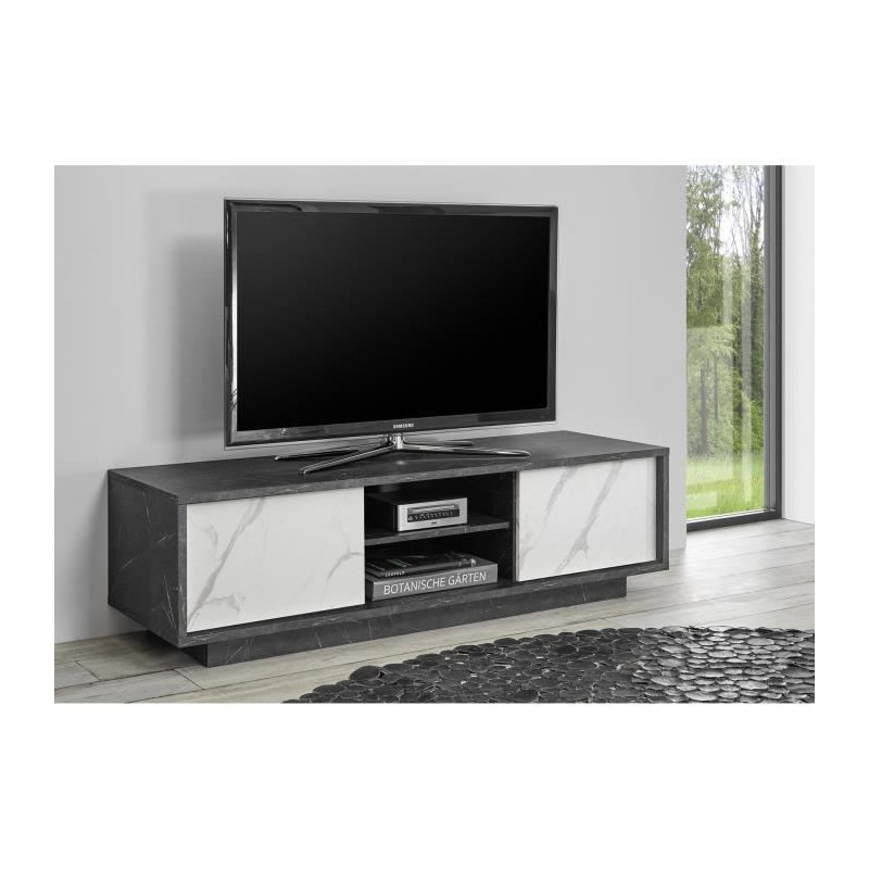 Meuble Tv 2 portes - Decor Marbre noir et Blanc - L 138 x P 44 x H 43 cm - NERO