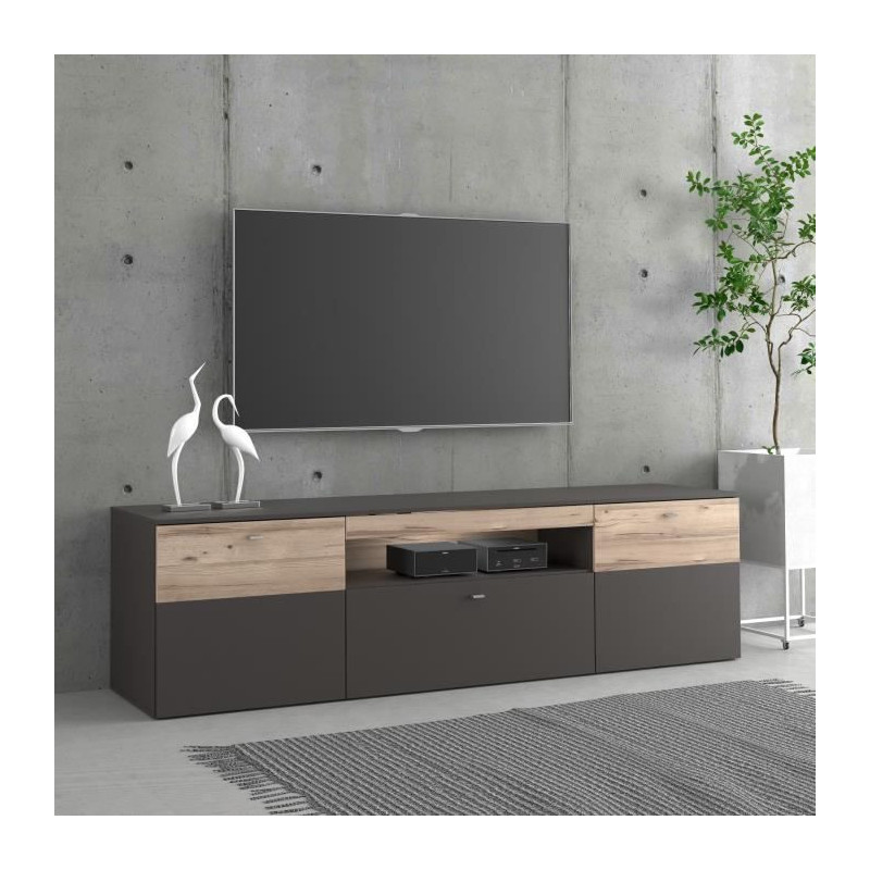 Meuble TV 2 portes, 1 tiroir + LED - Decor chene et gris - L 209,8 x P 52 x H 59,3 cm - COMO
