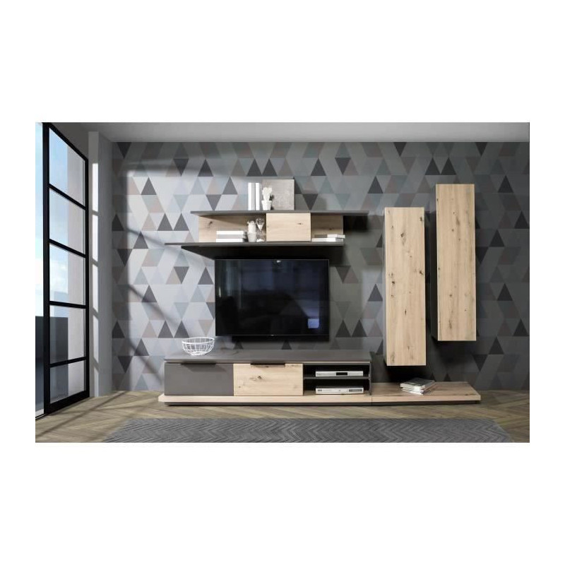 Ensemble meuble TV 3 portes 2 tiroirs - Decor chene et gris - L 280 x P 45 x H 178 cm - GREY STAR