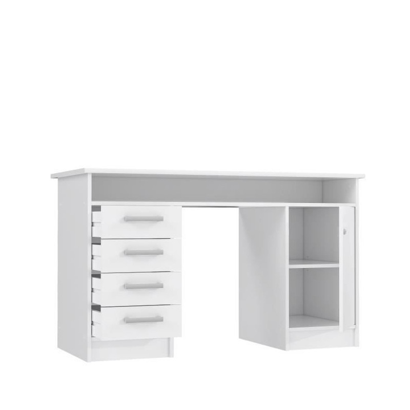 ALICANTE Bureau a cles, 1 porte, 4 tiroirs - Decor papier blanc - L 126 x P 55 x H 76 cm