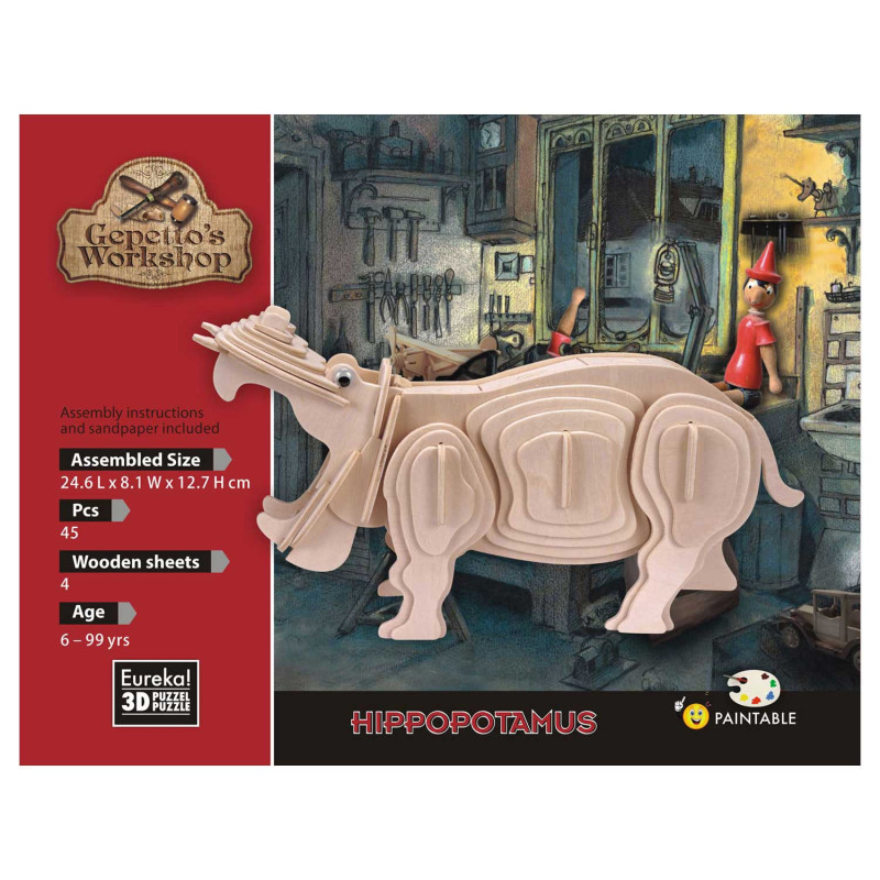 Eureka - Gepetto's Jeux de construction en bois Kit 3D - hippopotame 52473175