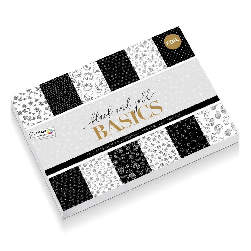 Creative Craft Group - Craft Cardboard with Foil, 24 Sheets - Black and Gold Basics CR0852/21GE