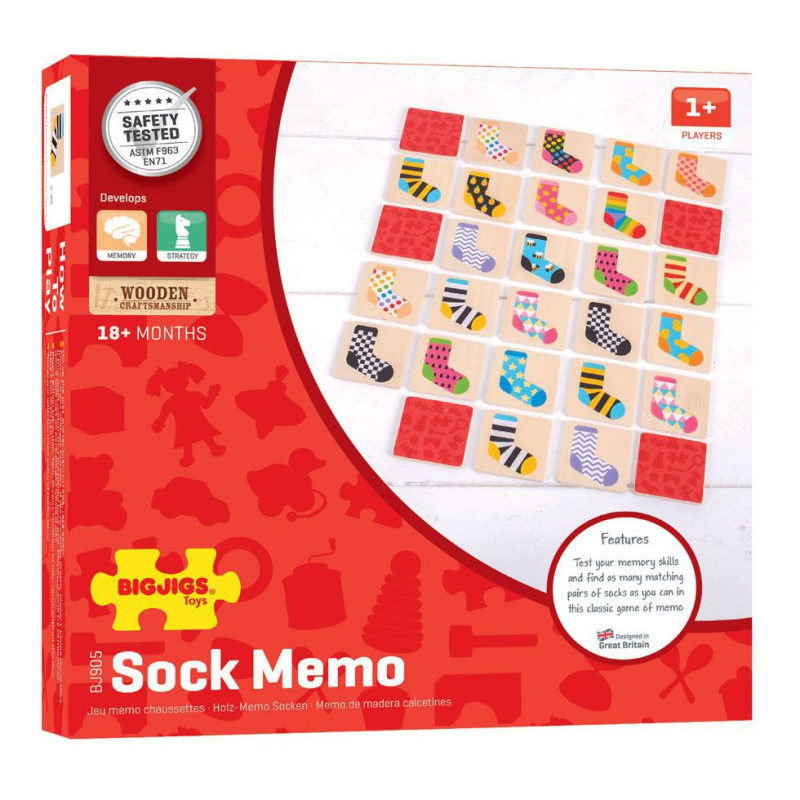 Bigjigs - Wooden Memo Game Colored Socks, 32 pcs. BJ905