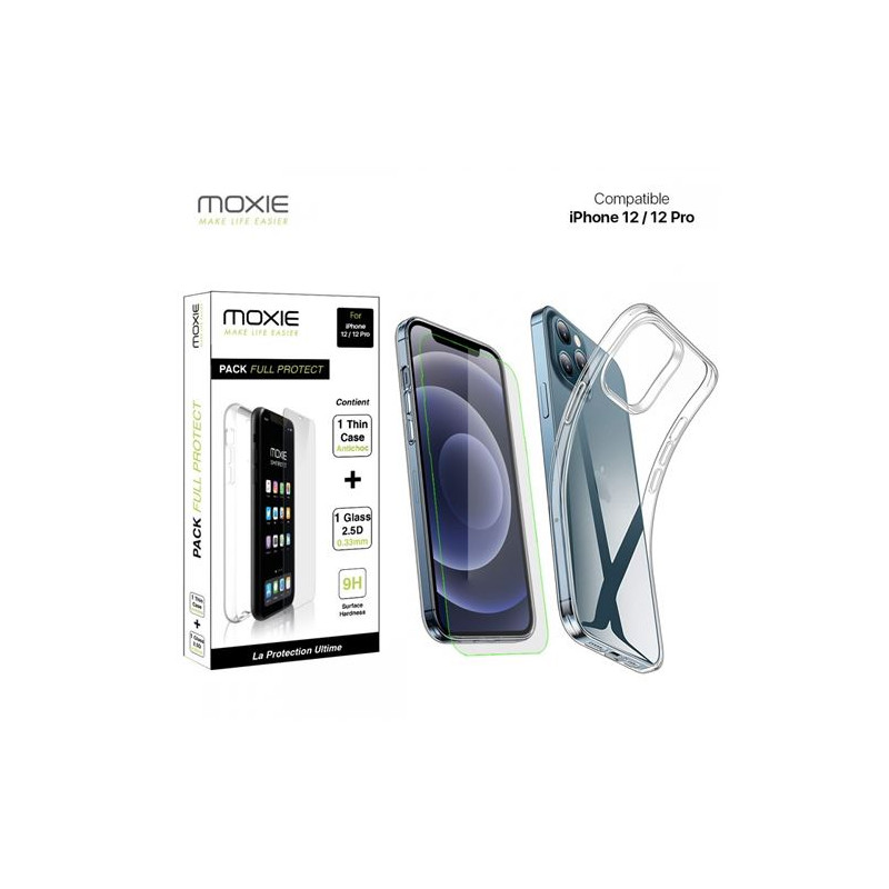 Pack Full Protect Coque Moxie pour iPhone 12 12 Pro Transparent + Verre trempé