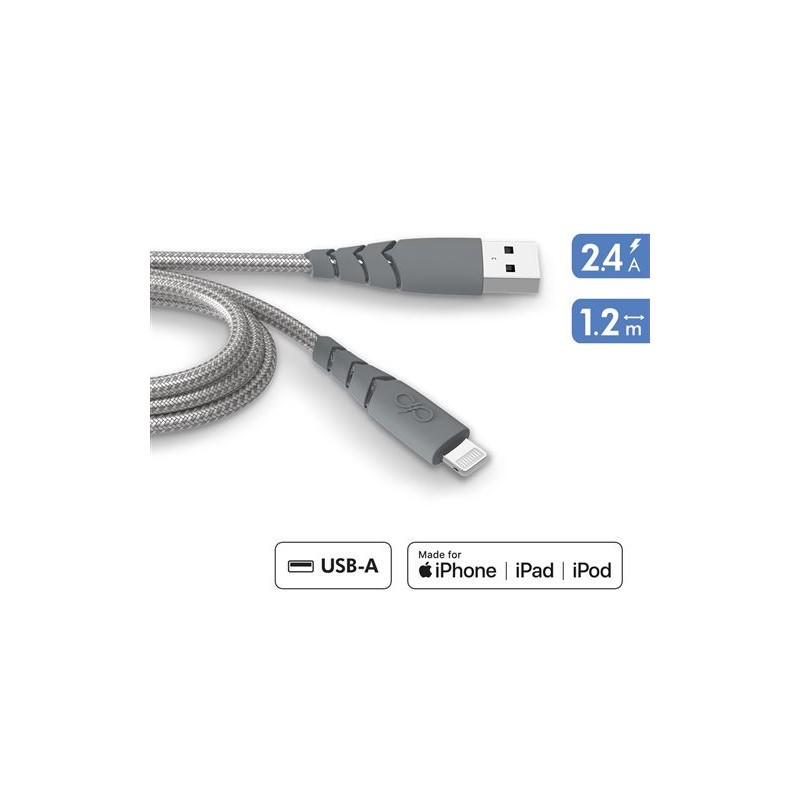 Câble Force Power Ultra Renforcé USB A vers Lightning 1,2 m Gris