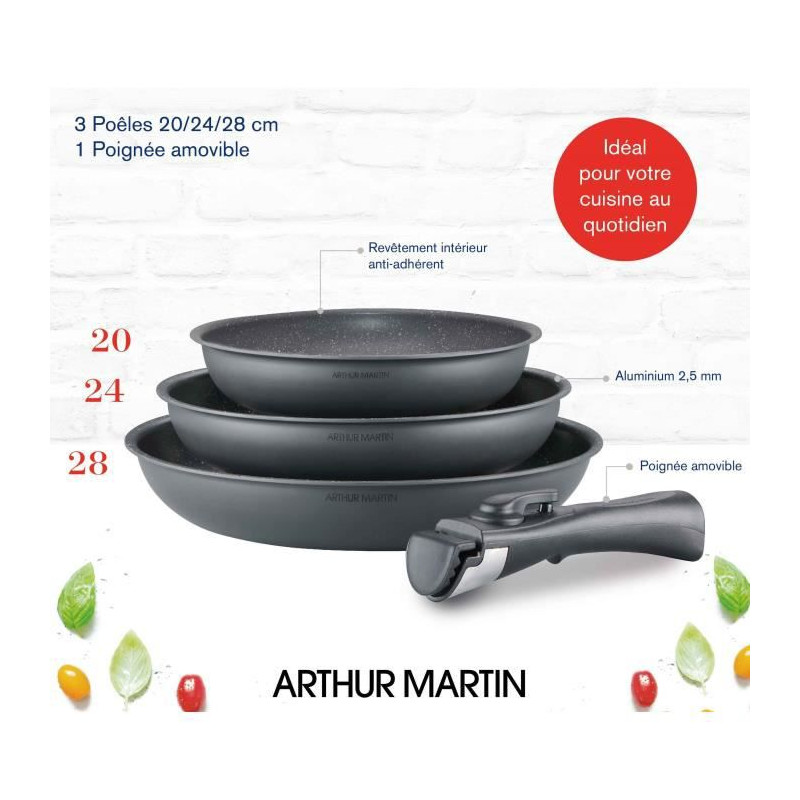 Batterie de cuisine ARTHUR MARTIN AM521GM Set de 3 poeles - Gris Mat 20-24-28 cm + 1 poignée amovible - Tous feux dont inductio