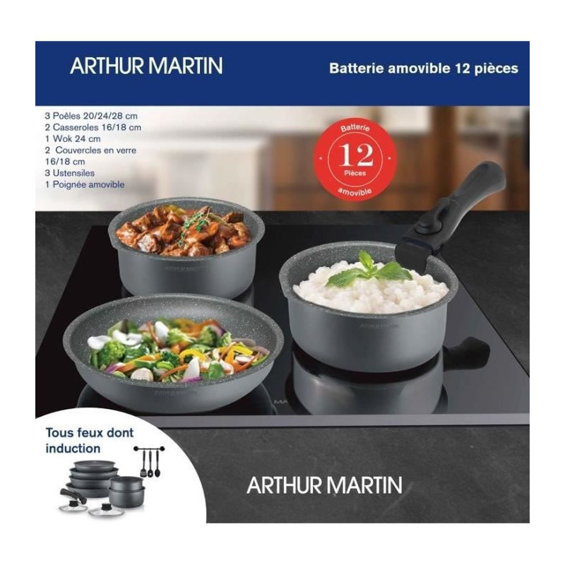Batterie de cuisine Arthur Martin AM268GM 12 pieces - Aluminium - Poignée amovible - Tous feux dont induction