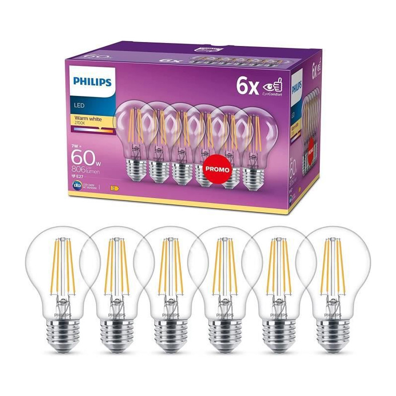 Philips, pack de 6 ampoules E27 LED transparentes 60W, blanc chaud