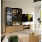 Meuble TV mural suspendu ULEZZA : Meuble TV 3 portes + Etagere - Eclairage inclus - Décor noir et chene - L304 x P42 x H200 cm