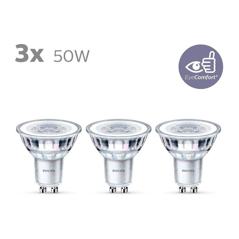 Philips, pack de 3 ampoules GU10 LED 50W, blanc chaud