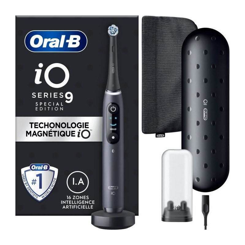 Brosse a Dents Électrique Oral-B iO 9 - Noire - connectée Bluetooth, 1 Brossette, 1 Étui De Voyage Chargeur, 1 Pochette Magn